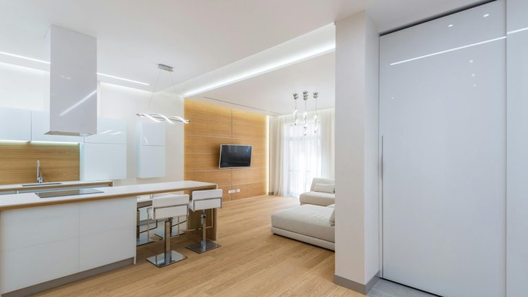 Interior of contemporary spacious apartment with big kitchen zone and living room with TV and sofa