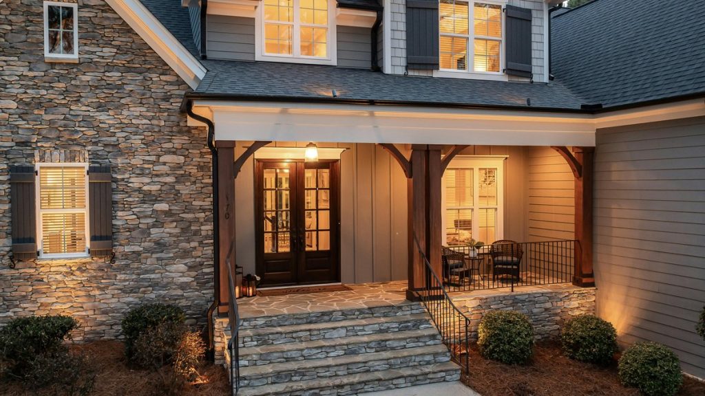 Inviting front porch of a cozy house with stone facade and warm lighting at dusk.