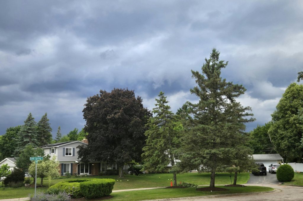 Suburban neighborhood with lush greenery under dramatic storm clouds, creating a moody atmosphere.