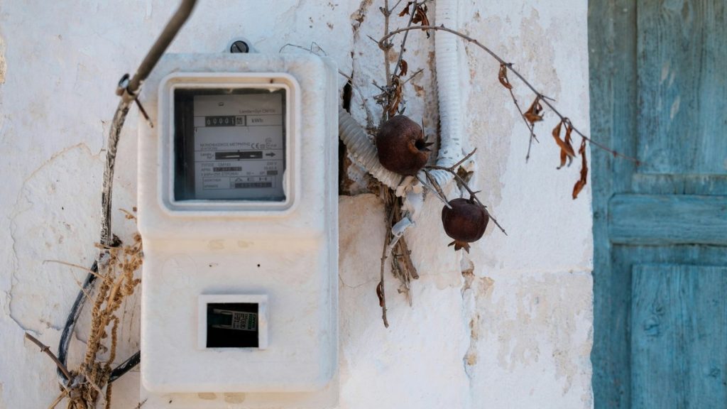 Old electric meter on a textured wall with dried branches.