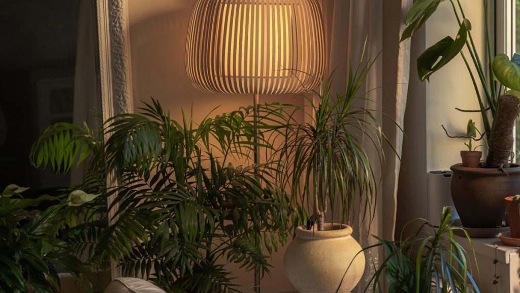 a lamp next to a plant