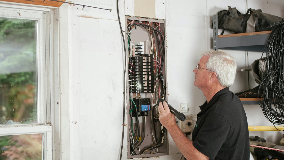 An electrician inspecting a home breaker panel