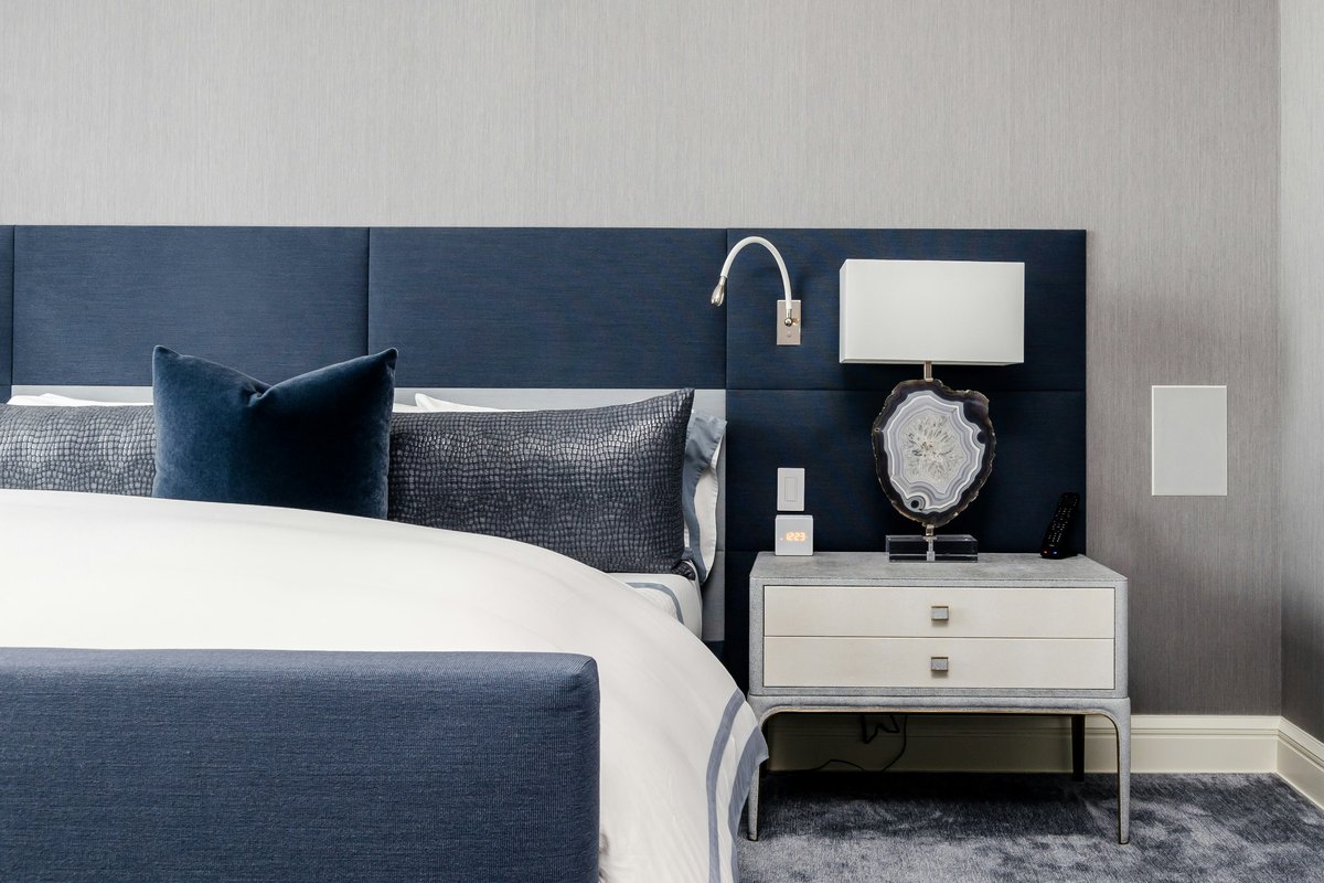 A bedroom nightstand with a lamp