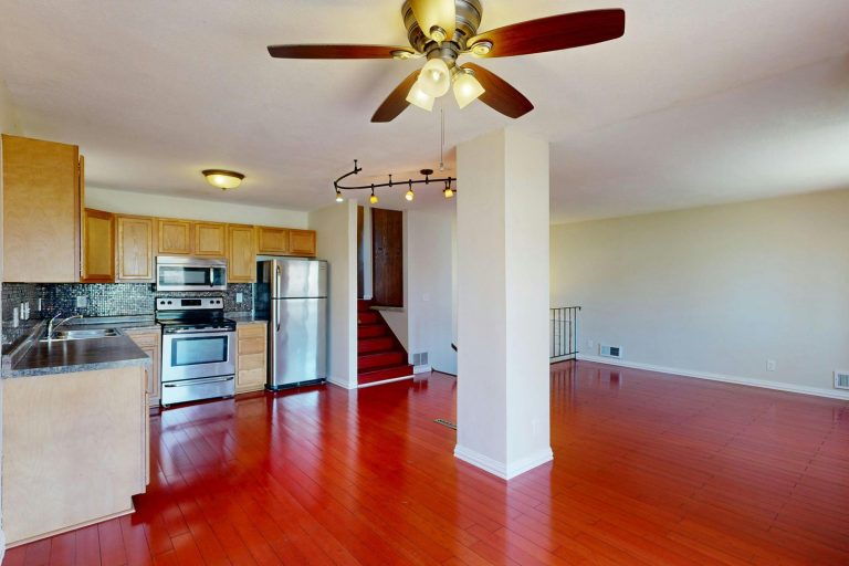 Spacious open-plan kitchen and living room with wood floors and ceiling fan.